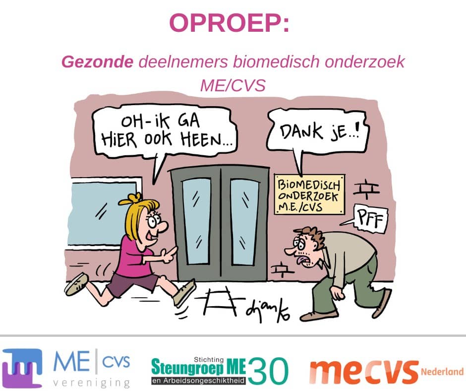 Tekening van twee mensen die aan komen lopen bij een centrum voor biomedisch onderzoek ME/CVS. Een vrouw komt energiek aanlopen en zegt 'Oh, ik ga hier ook heen', een man die zich uitgeput naar de ingang sleept zegt 'Pfff - dank je!'